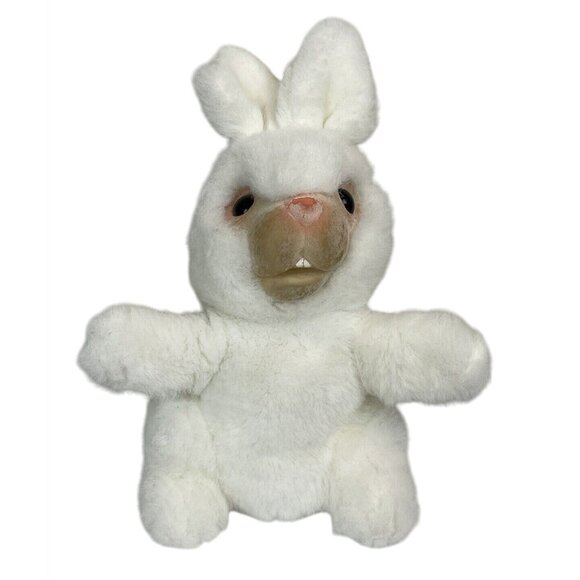 Vintage Rubber Face Plush Bunny Rabbit Hand Puppet White Pink Nose Creepy - Picture 1 of 7